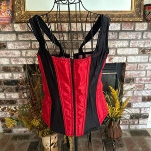 Vintage 90s Red & Black Satin Zip Lace Up Corset Top